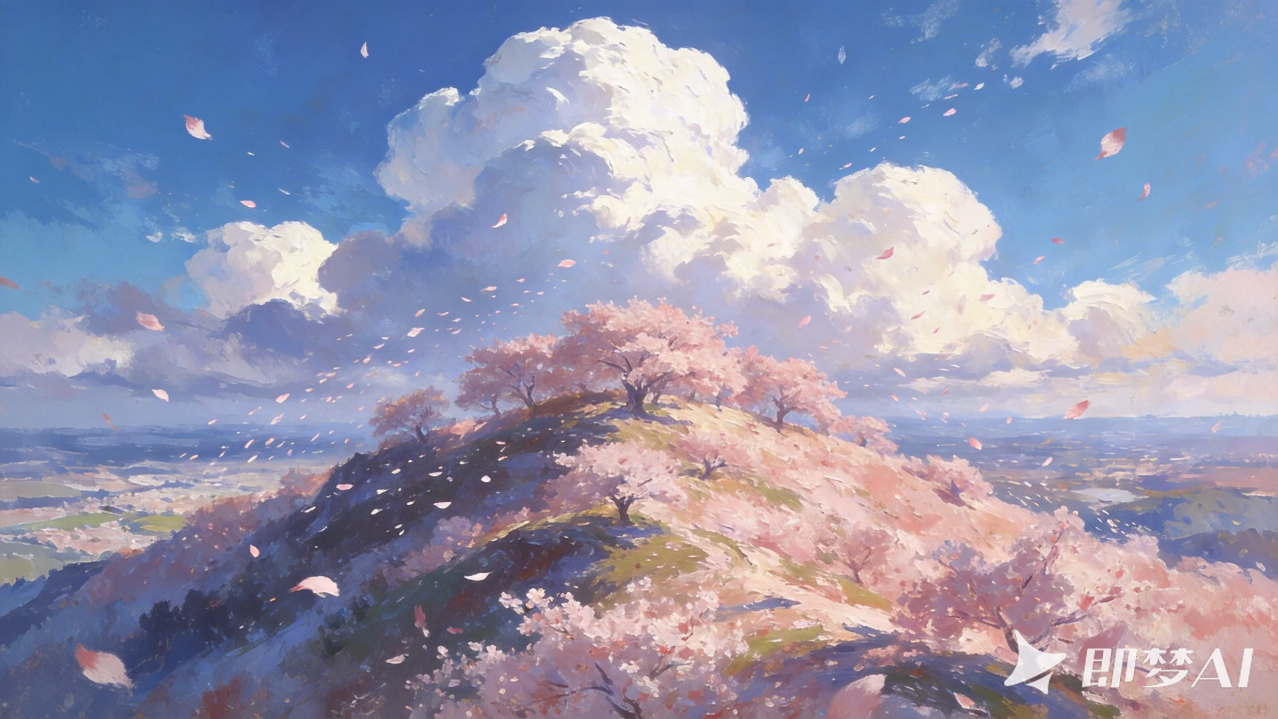 蓝天下盛开的樱花山丘插画